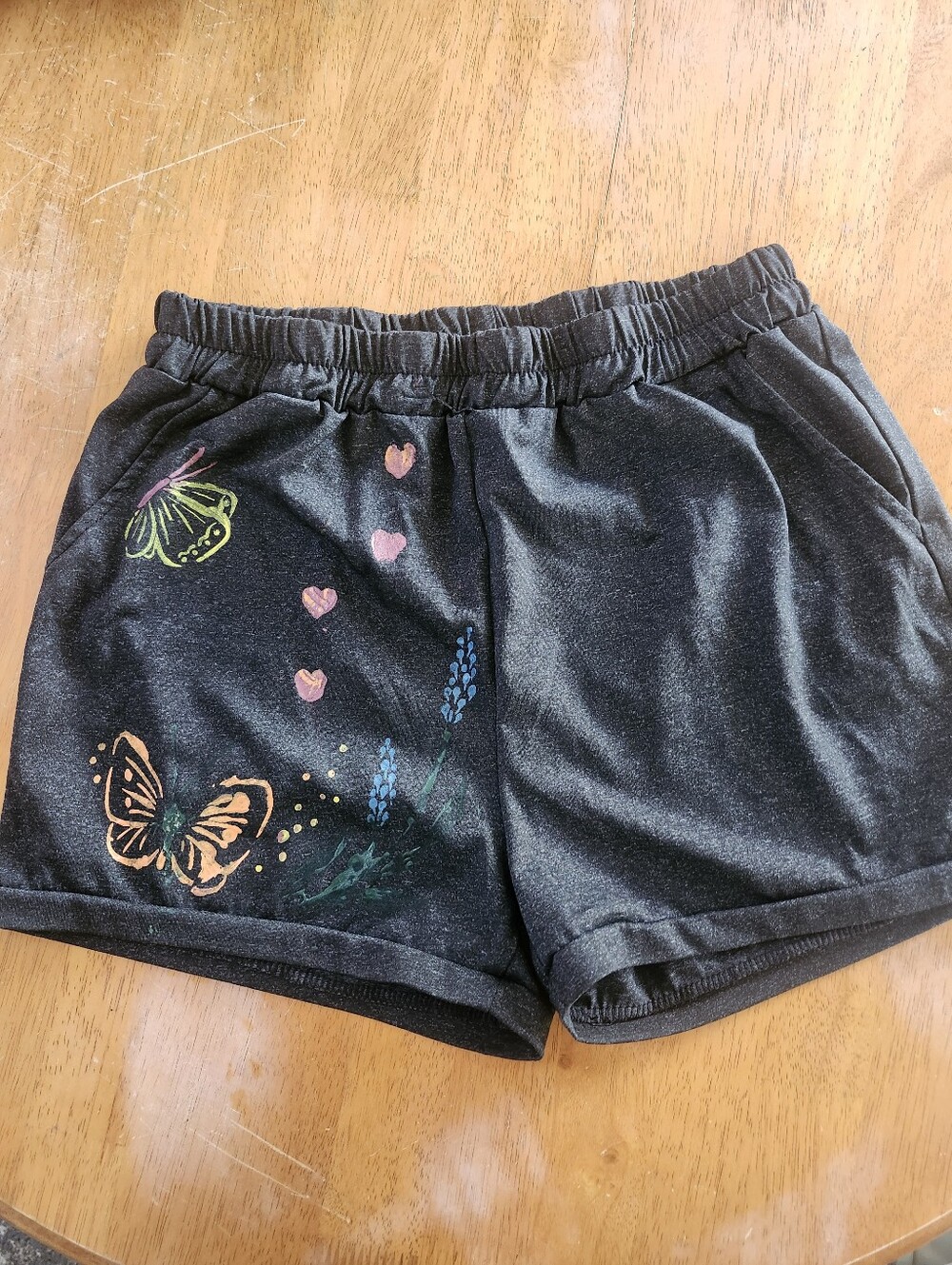 Dark Grey Floral Stencil Shorts | Butterfly, Garden & Heart Print